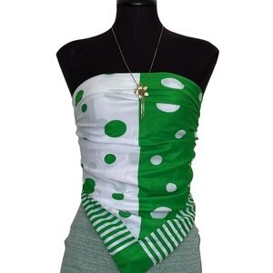 Collection Eighteen Green White Polka Dot Striped Square Scarf Wrap Top